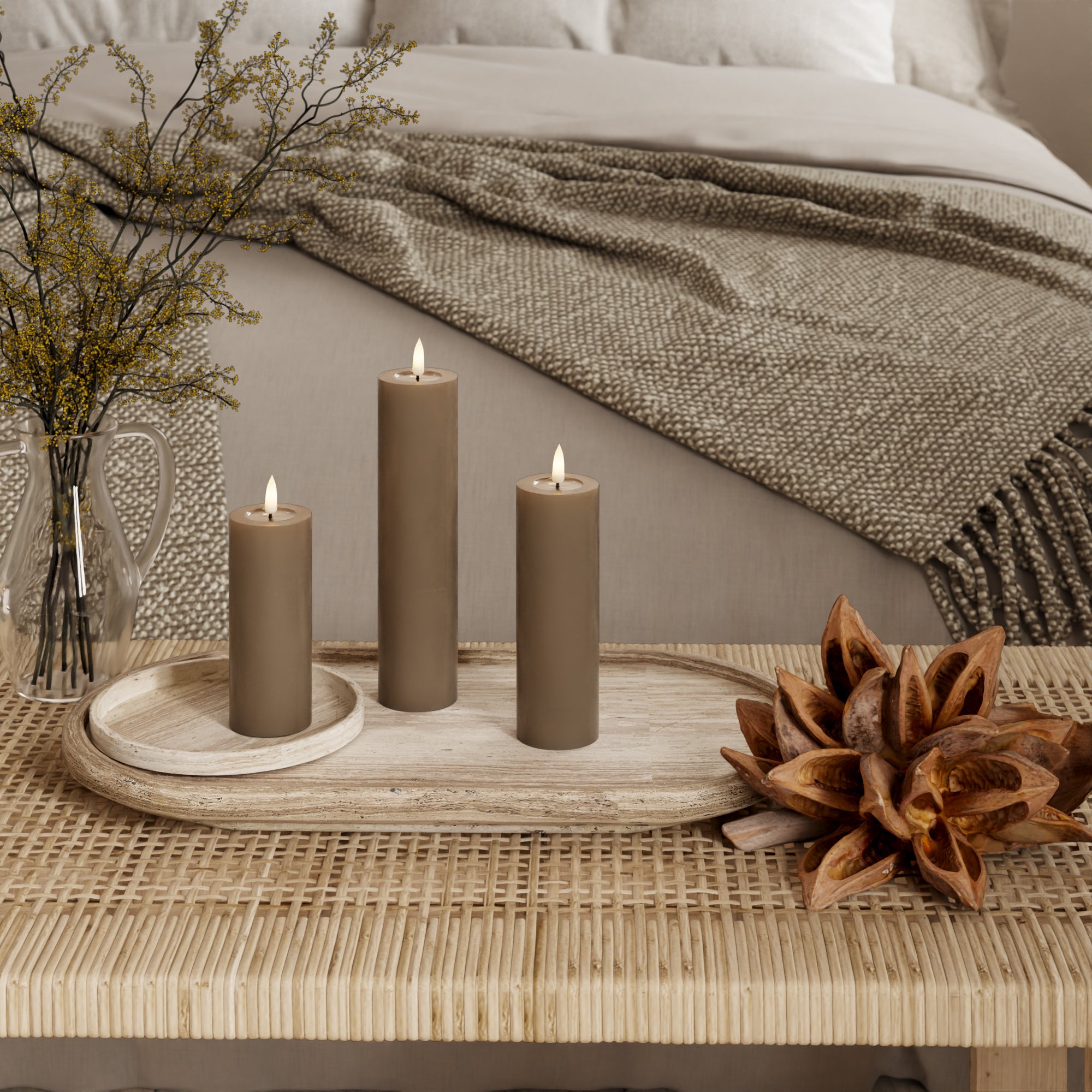 LED Blockljus - Ø 5 x 12,5 + 15 + 20 cm Karamell