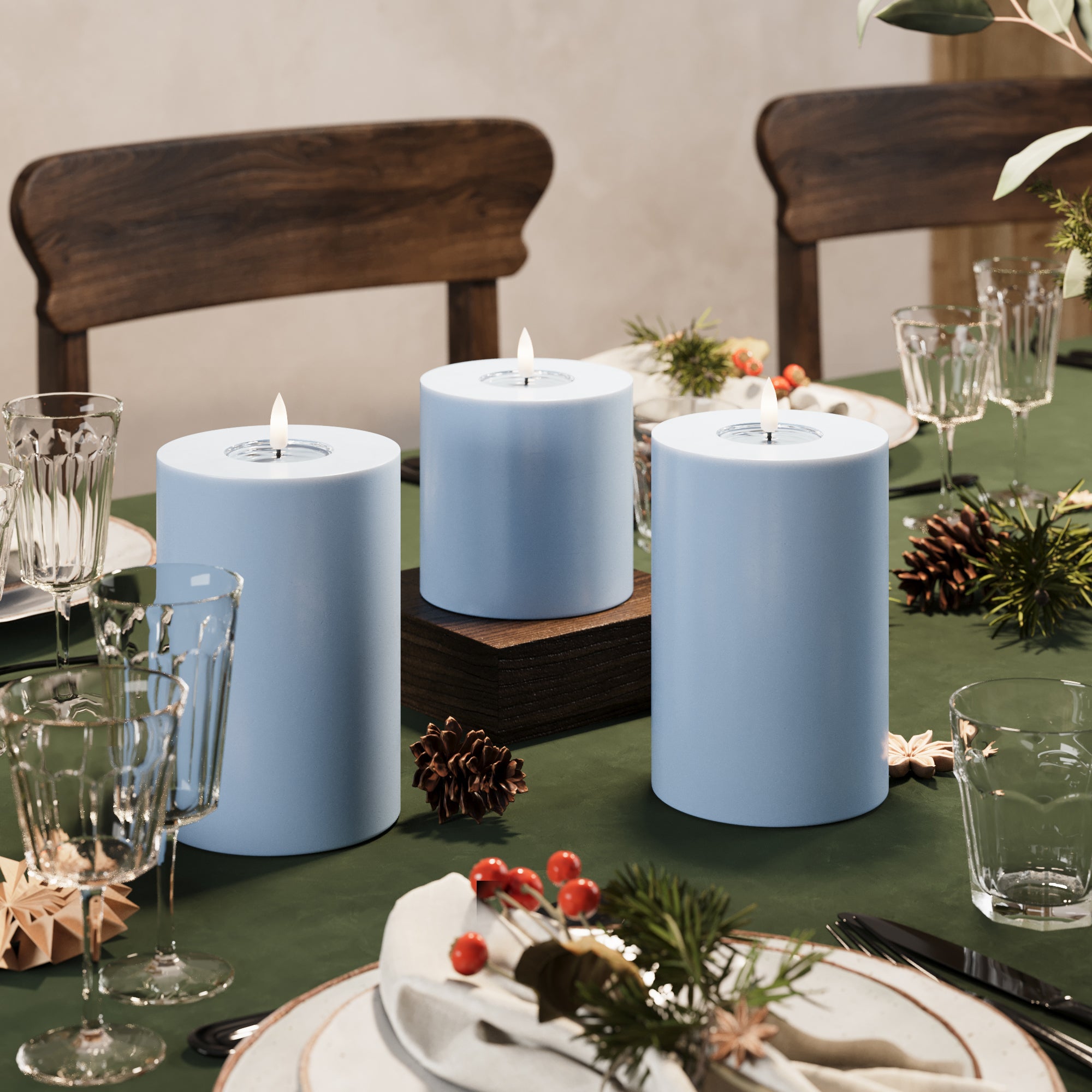 LED Blockljus Ø 10 x 10 + 15 + 20 cm Isblå