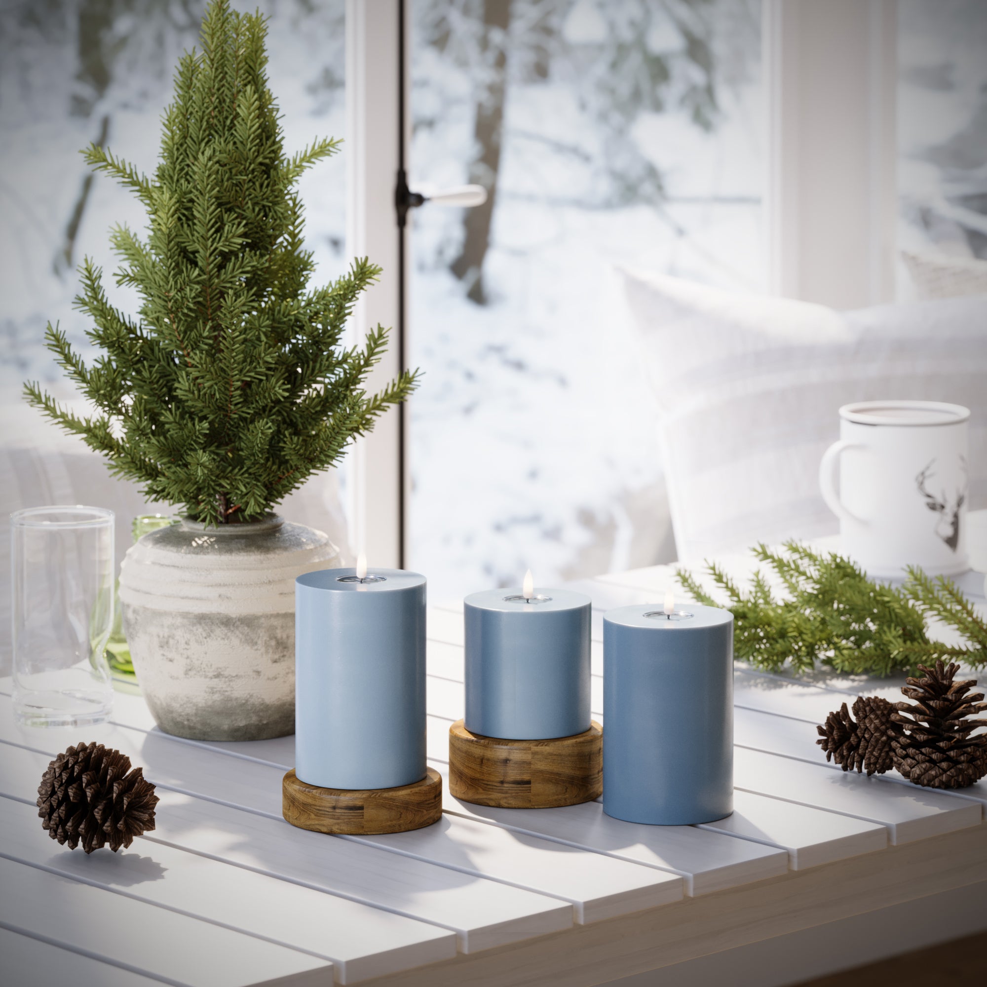 LED Blockljus Ø 10 x 10 + 15 + 20 cm Isblå