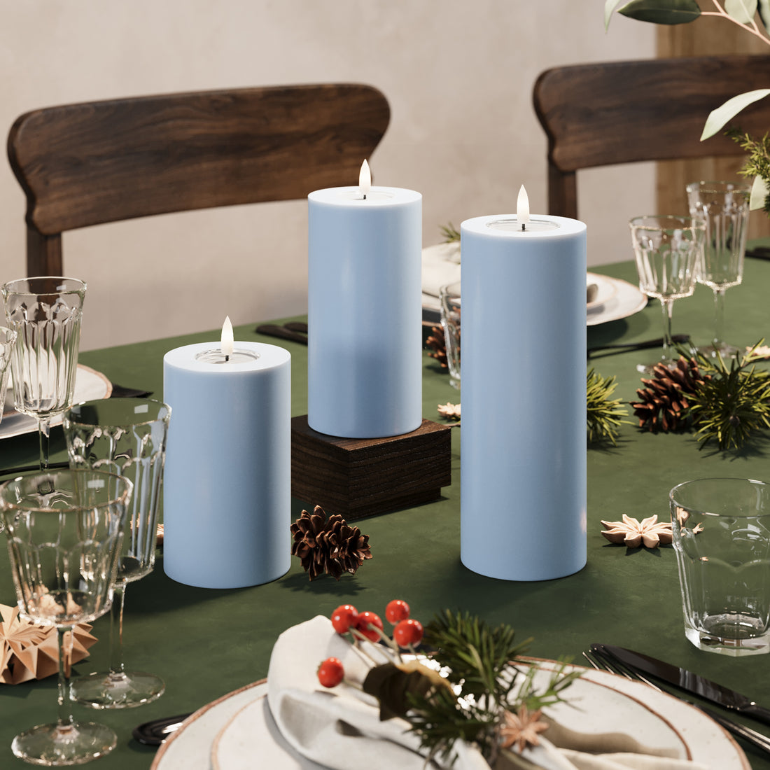 LED Blockljus Ø 7,5 x 12,5 + 15 + 20 Isblå