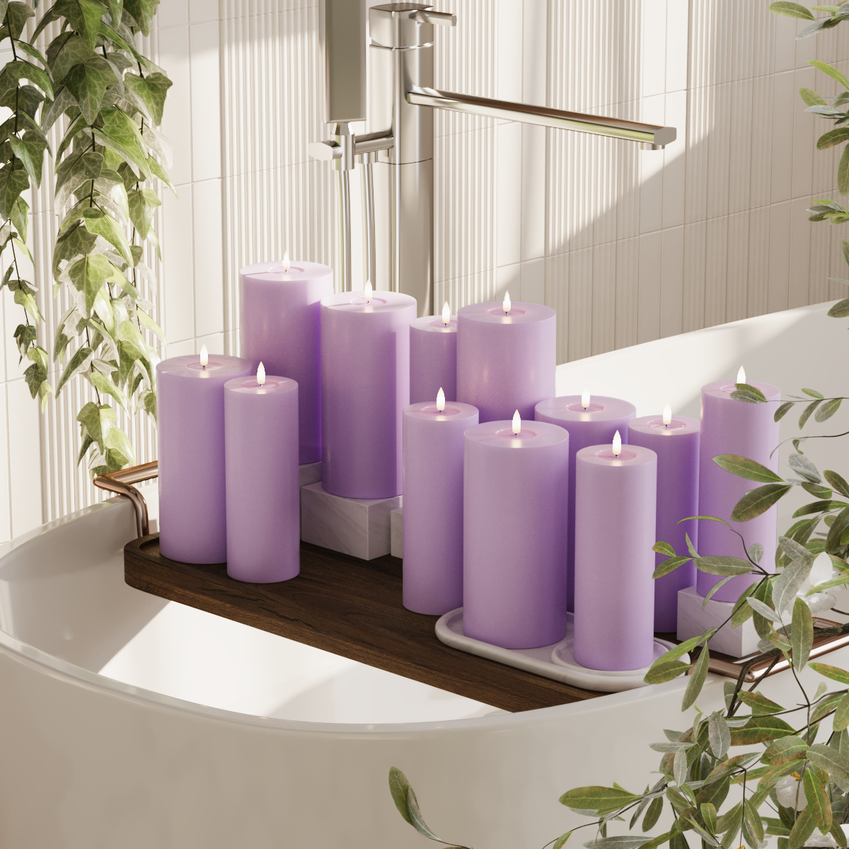 Deluxe Homeart LED bloklys pakke - Lavendel - 6x 7,5 x 20 | 6x 10 x 20 cm pakke 2